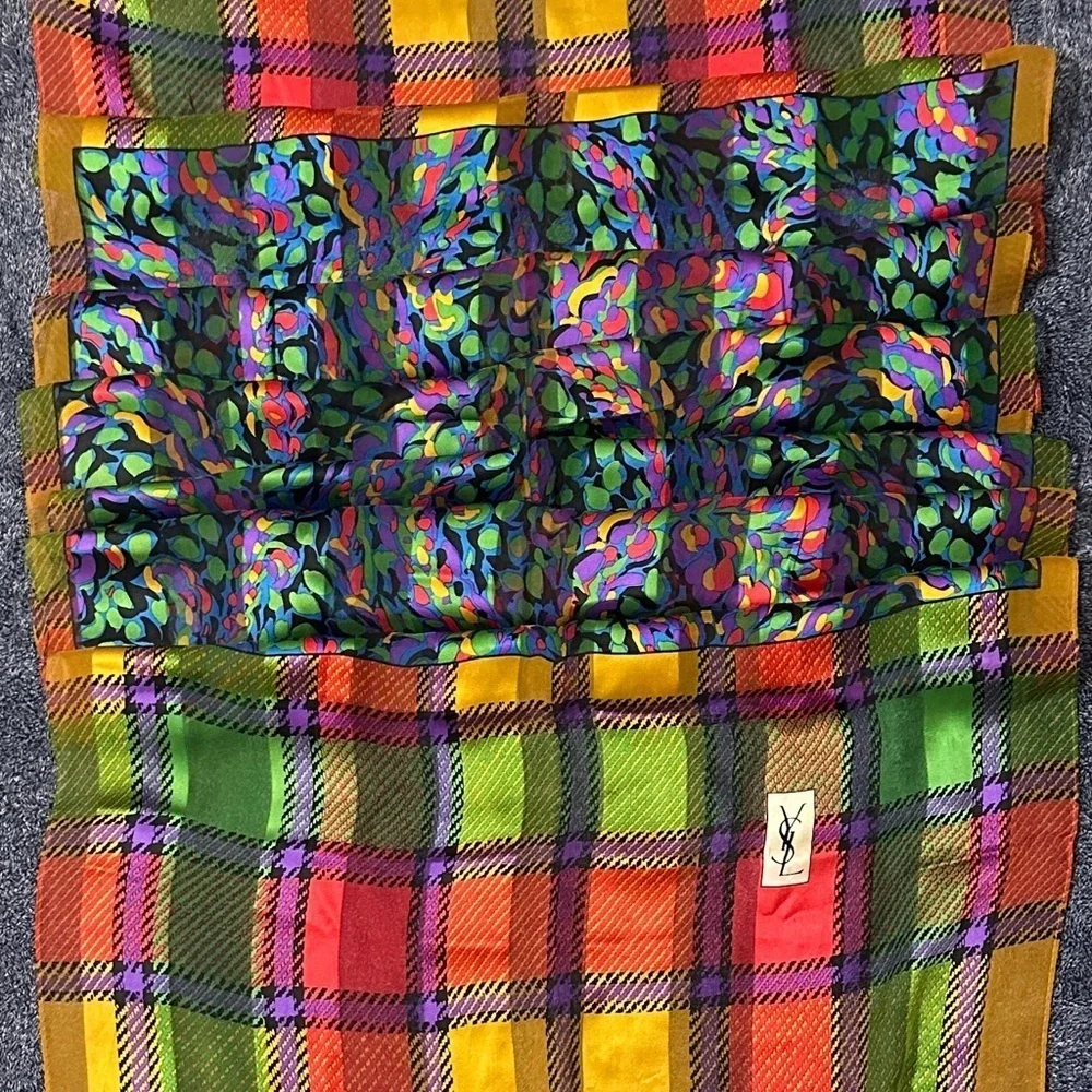 YSL Multicolor Plaid and Abstract Scarf